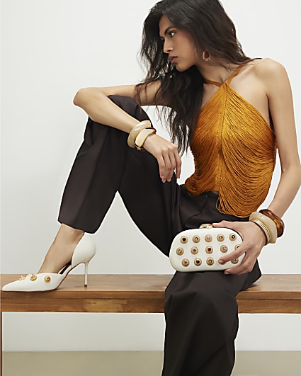 Cream Mixed Gem Hard Shell Clutch Bag