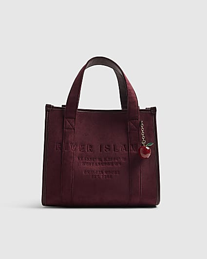 Red Faux Suede Embroidered Tote Bag