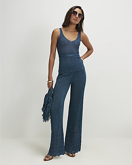 Blue Knitted Metallic Stitch Trousers