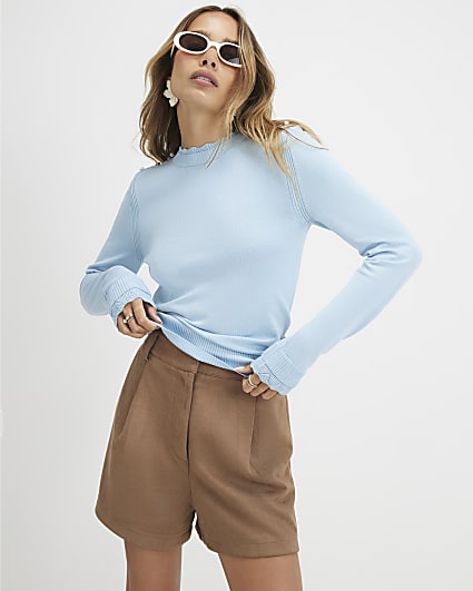 Blue Knitted Pointelle Trim Long Sleeve Top