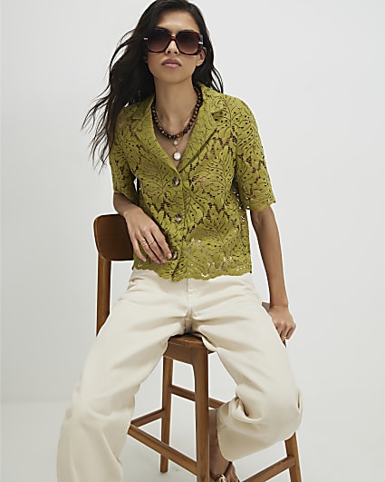 Green Short Sleeve Lace Shirt