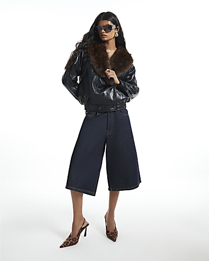 Black Faux Fur Collar Padded Faux Leather Jac