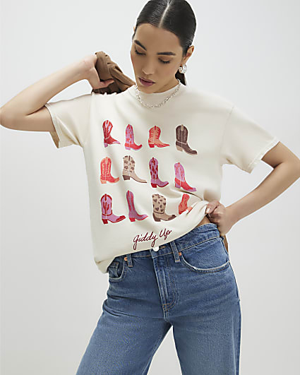 Cream Giddy Up Embroidered T-shirt