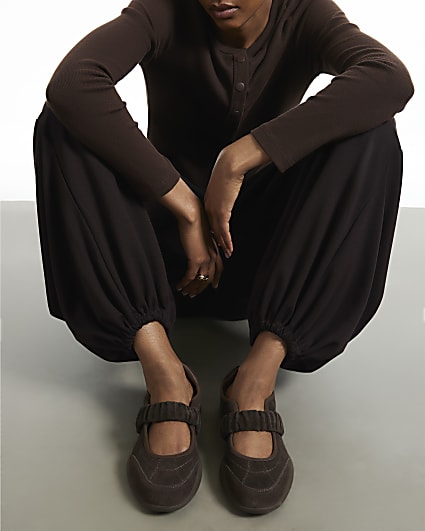 Brown Suede Ruched Strap Sneakerina Flats