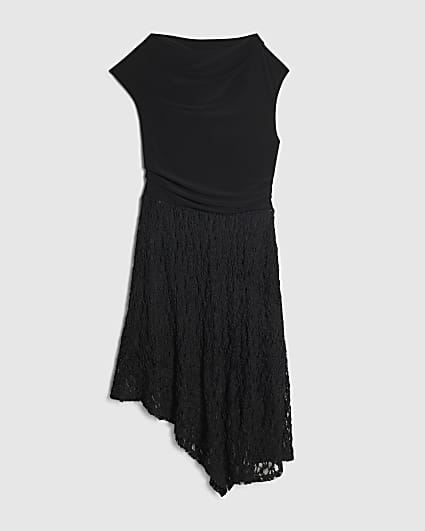 Petite Black Lace Hybrid Drape Dress