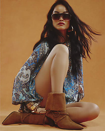 Brown Suede Slouch Cone Heel Ankle Boots