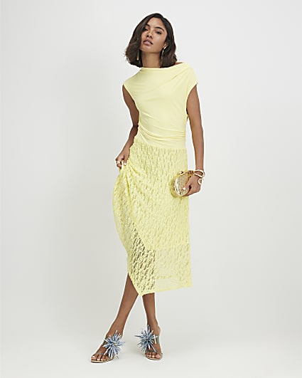 Yellow Hybrid Lace Skirt Drape Dress