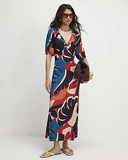 Brown Leaf Print Midi Dress