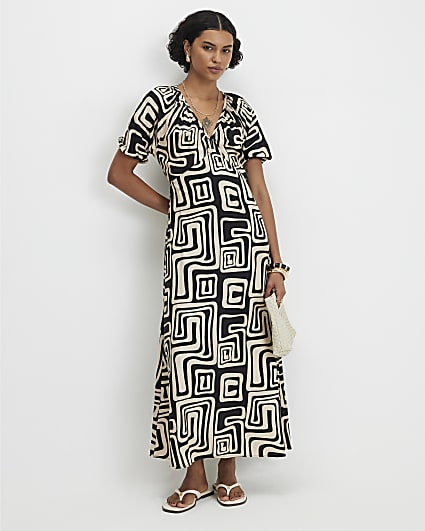 Black Geometric Print Midi Dress