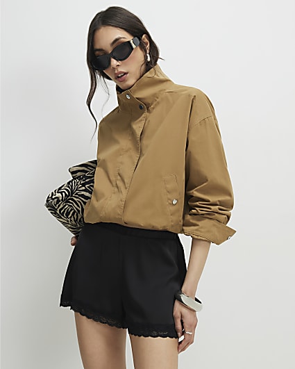 Black Satin Lace Trim Shorts