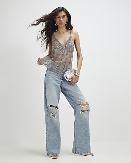 Silver Mesh Embellished Cami Top