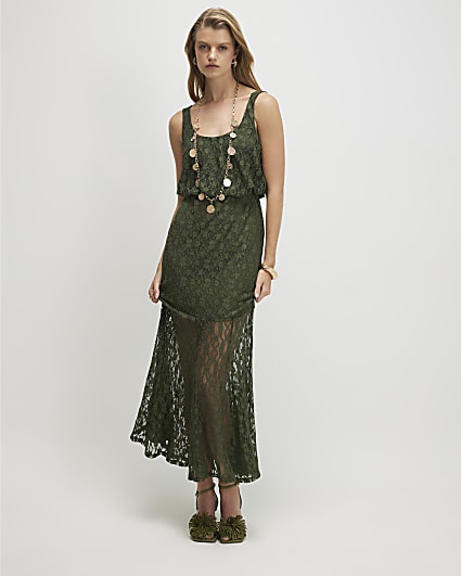 Khaki Lace Sleeveless Maxi Dress