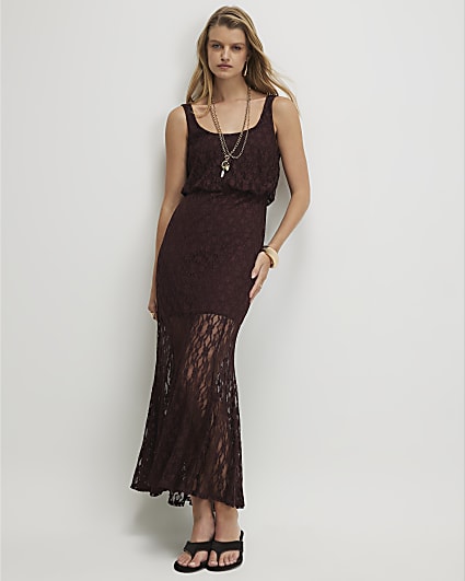 Brown Lace Sleeveless Maxi Dress