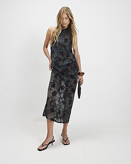 Blue Halter Neck Devore Maxi Dress