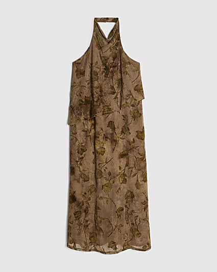 Petite Khaki Halter Neck Devore Maxi Dress