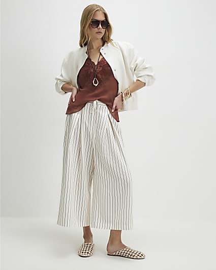 Cream Striped Tie Detail Culottes