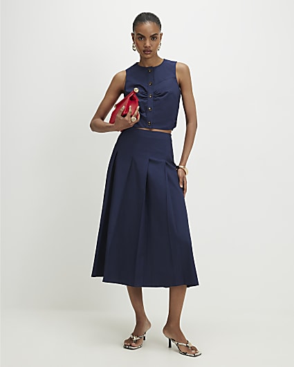 Navy Cotton Poplin Midi Skirt