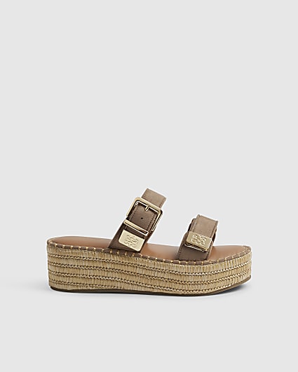 Beige Hardware Double Strap Wedge Sandals