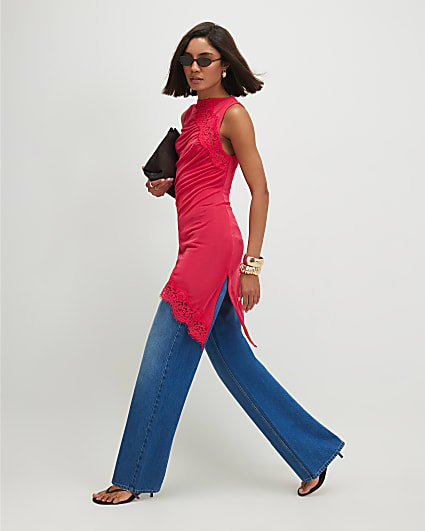 Pink Lace Trim Asymmetric Tunic Top