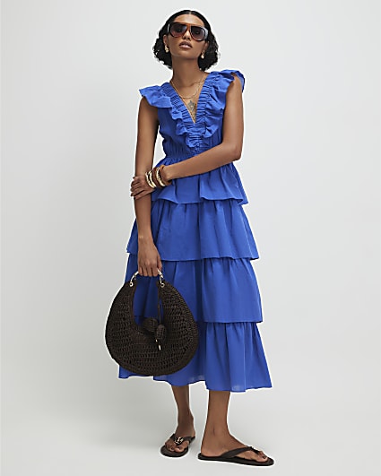 Blue Cotton Ruffle Sleeveless Midi Dress