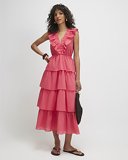 Pink Cotton Ruffle Sleeveless Midi Dress