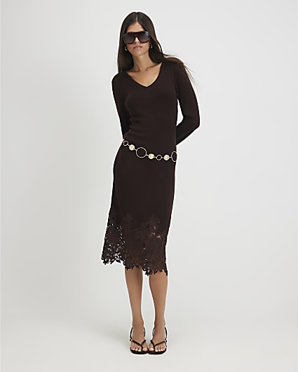 Brown Lace Hem Midi Jumper Dress