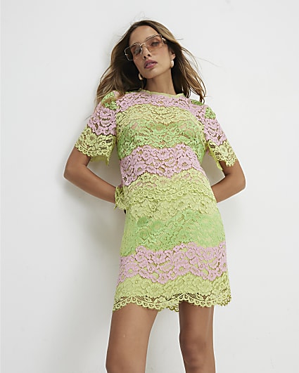 Green Colour Block Lace Top