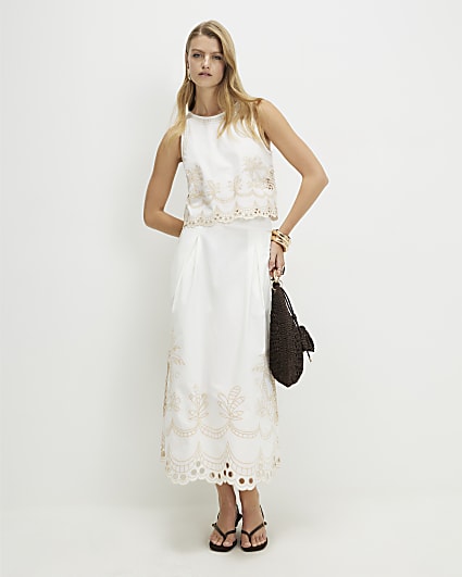 White Cotton Cutwork Midi Skirt