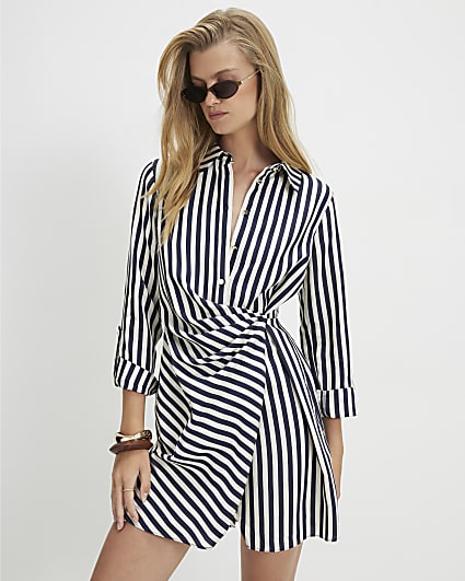 White Stripe Draped Mini Shirt Dress