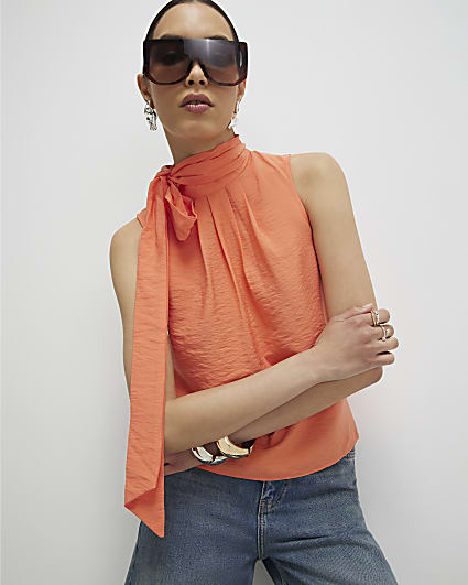 Orange Sleeveless Pussybow Blouse