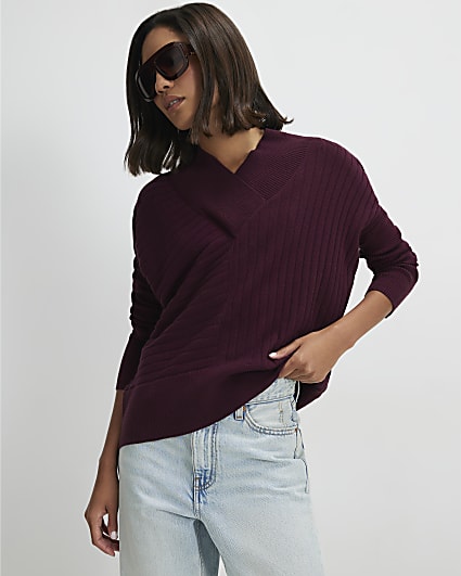 Red Cotton V Neck Ribbed Jumper