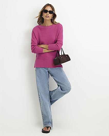 Pink Wide Neck Rib Knit Jumper