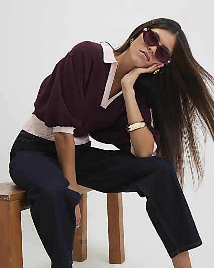 Red Blocked Knitted Slouch Polo Top