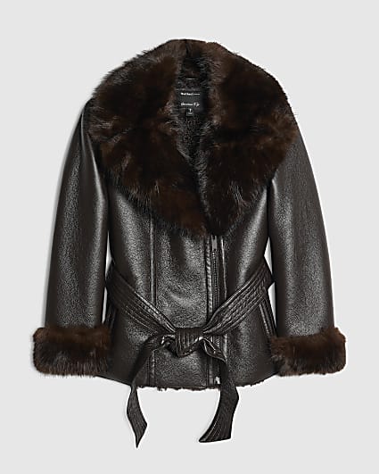 Petite Brown Mid Length Shearling Jacket