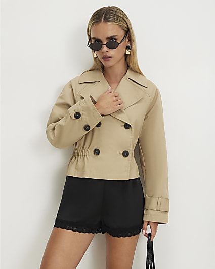 Petite Beige Waisted Short Trench Jacket