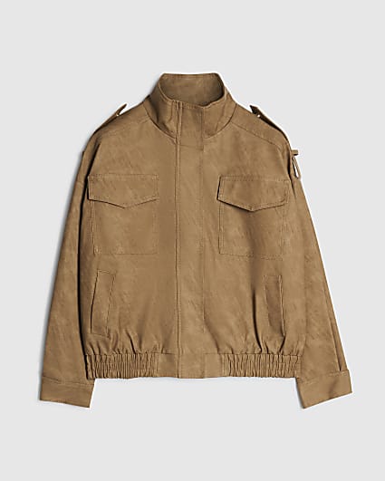 Petite Brown Faux Leather Funnel Neck Jacket