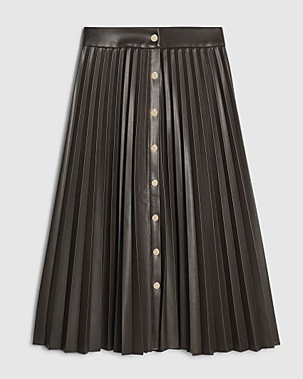 Petite Brown Popper Front Pleated Midi Skirt