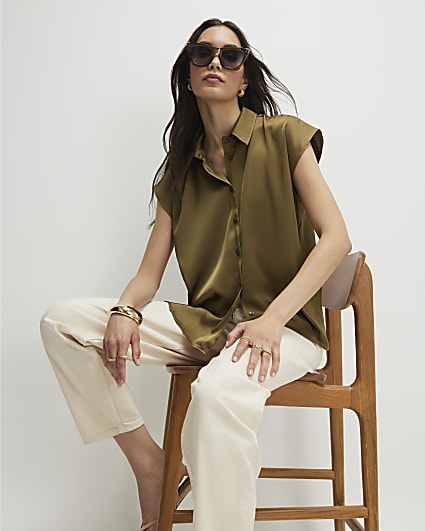 Khaki Satin Sleeveless Shirt