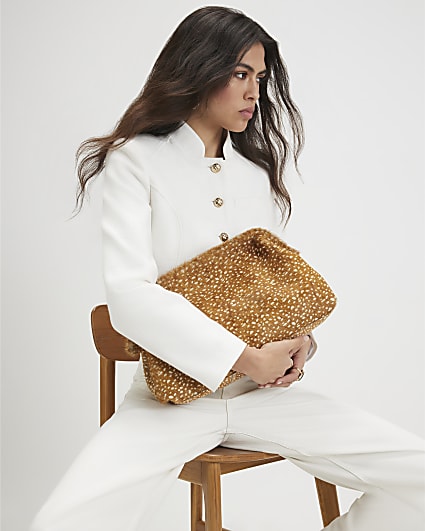 Brown Deer Print Hair On Leather Clutch Bag