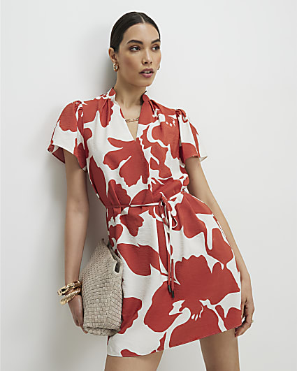 Orange Abstract Print Mini Shift Dress