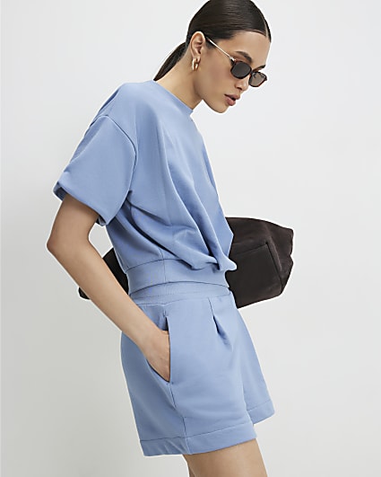 Blue Cotton Blend Bubble Sleeve Sweat T-shirt