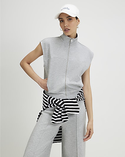 Grey Sleeveless Zip Through Interlock Top