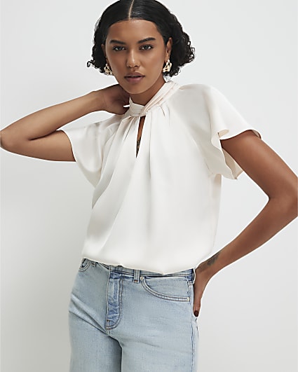 Cream Satin Angel Sleeve Twist Front Top