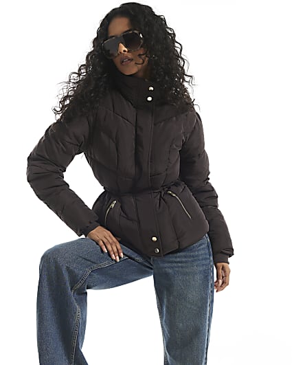 Brown Cinched Waist Padded Jacket
