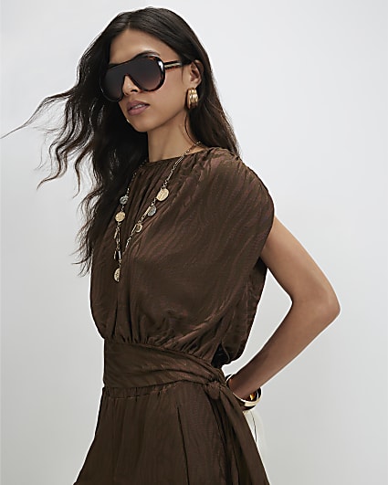 Brown Jacquard Animal Print Tie Side Top