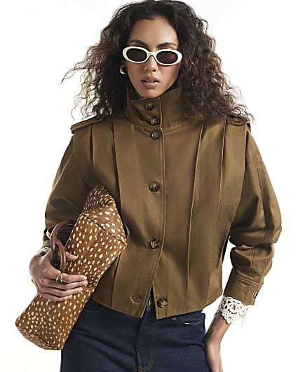 Khaki Pleat Detail Crop Jacket