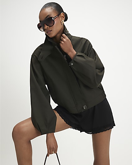 Khaki Funnel Neck Bubble Hem Bomber Jacket