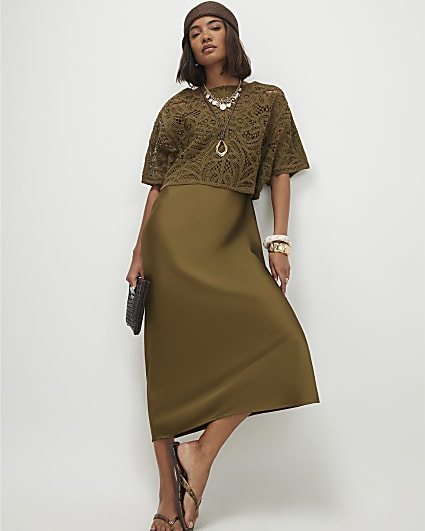 Khaki Hybrid Satin Slip Dress
