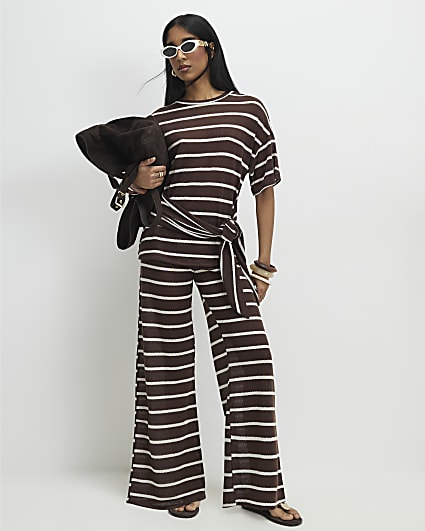 Brown Striped Textured Wide Leg Trousers