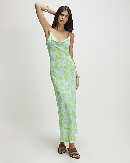 Blue Floral Print Cowl Neck Maxi Dress